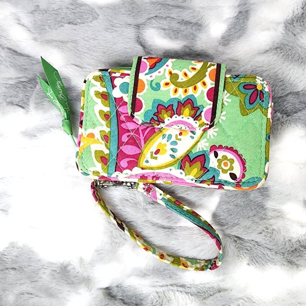 Vera Bradley Green & Pink Paisley Floral Print Snap & Zip ID Wallet Wristlet